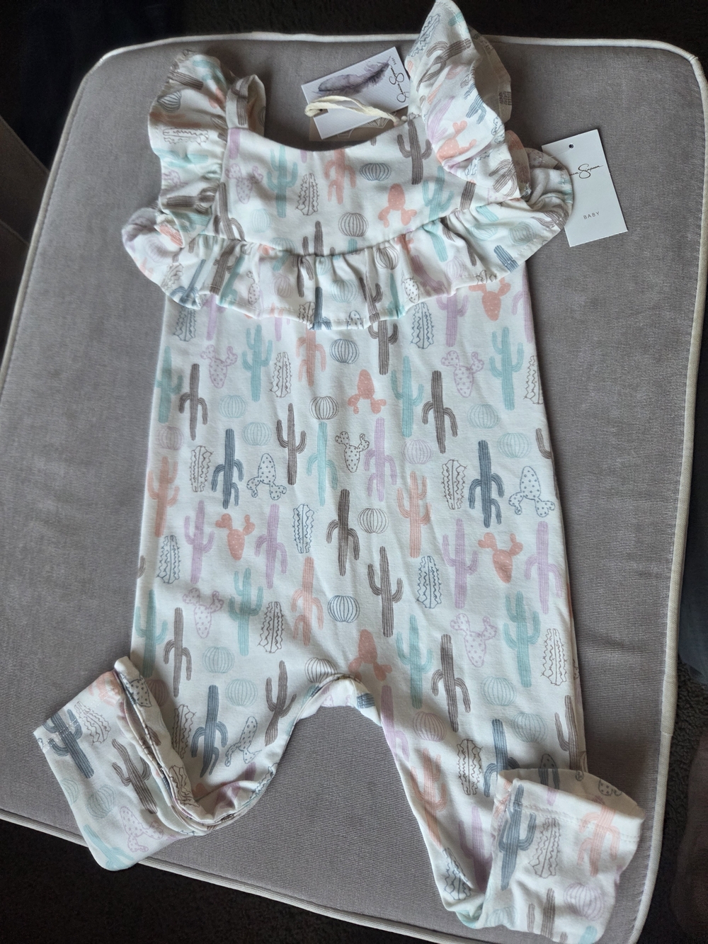 Jessica Simpson Baby - Girls Ruffle Shoulder Cactus Print Romper - Pastel Multi